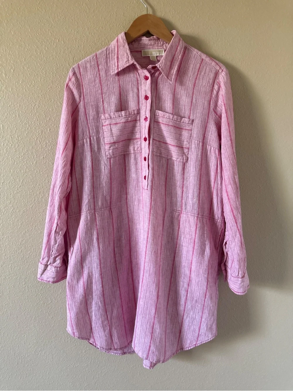 Michael Kors Linen-Blend Pink Striped Button-Down Tunic